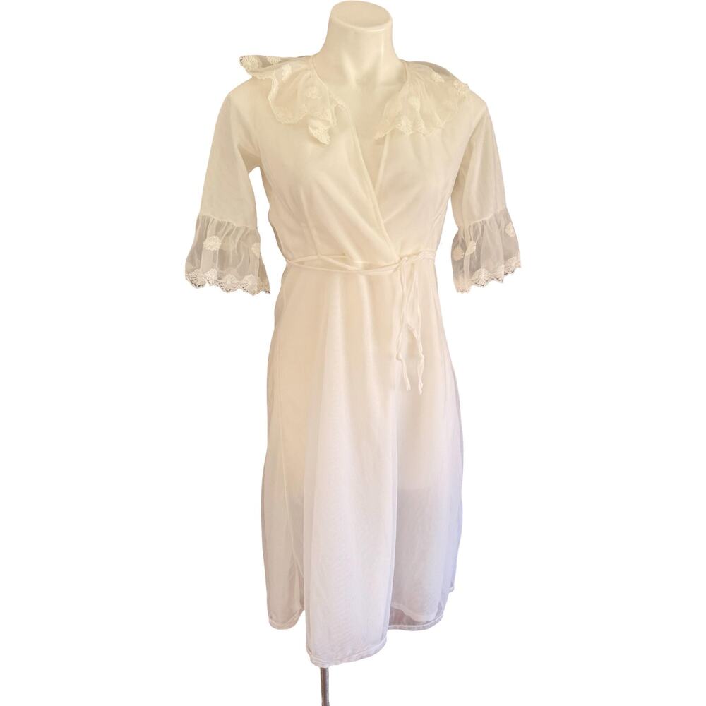 Vintage Felina 70s Ruffled Collar Double Chiffon Peignoir Robe S - Picture 5 of 12